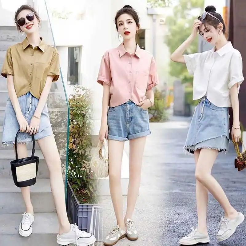 

Модная женская рубашка из чистого хлопка с коротким рукавом, маленький размер, новинка лета 2024, корейская версия, прямой крой