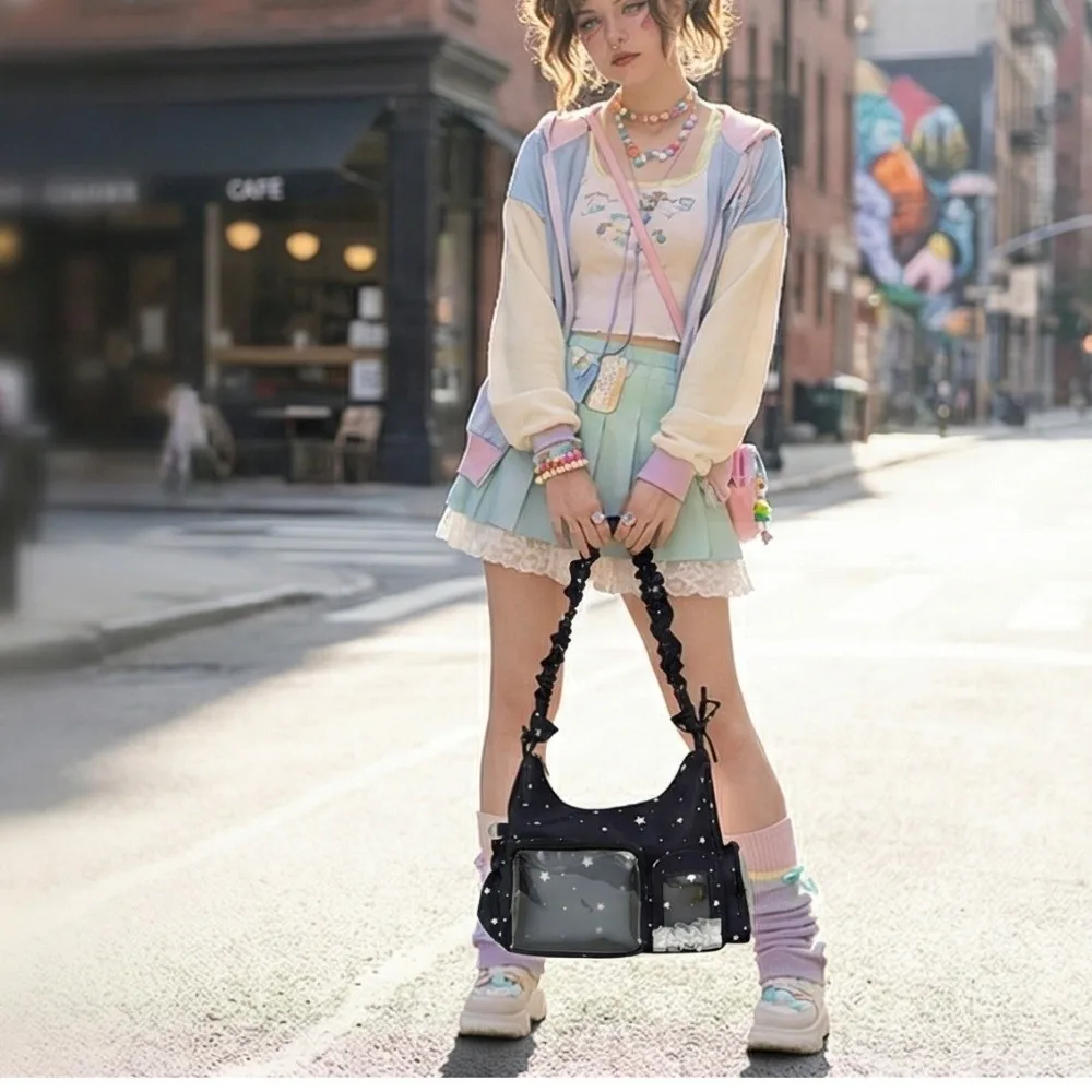 

Прозрачная сумка-ита в стиле Y2K с простым кружевным бантом, однотонная, в японском стиле, из ПВХ, для значков, для девочек