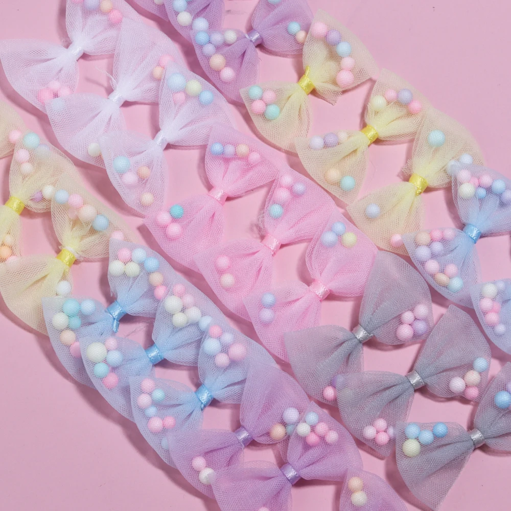 10Pcs/Lot 3x4cm Candy Color Gauze Ribbon Bows Handmade Bow With Foam Ball For DIY Crafts Ornament Accessories Garment Decoration