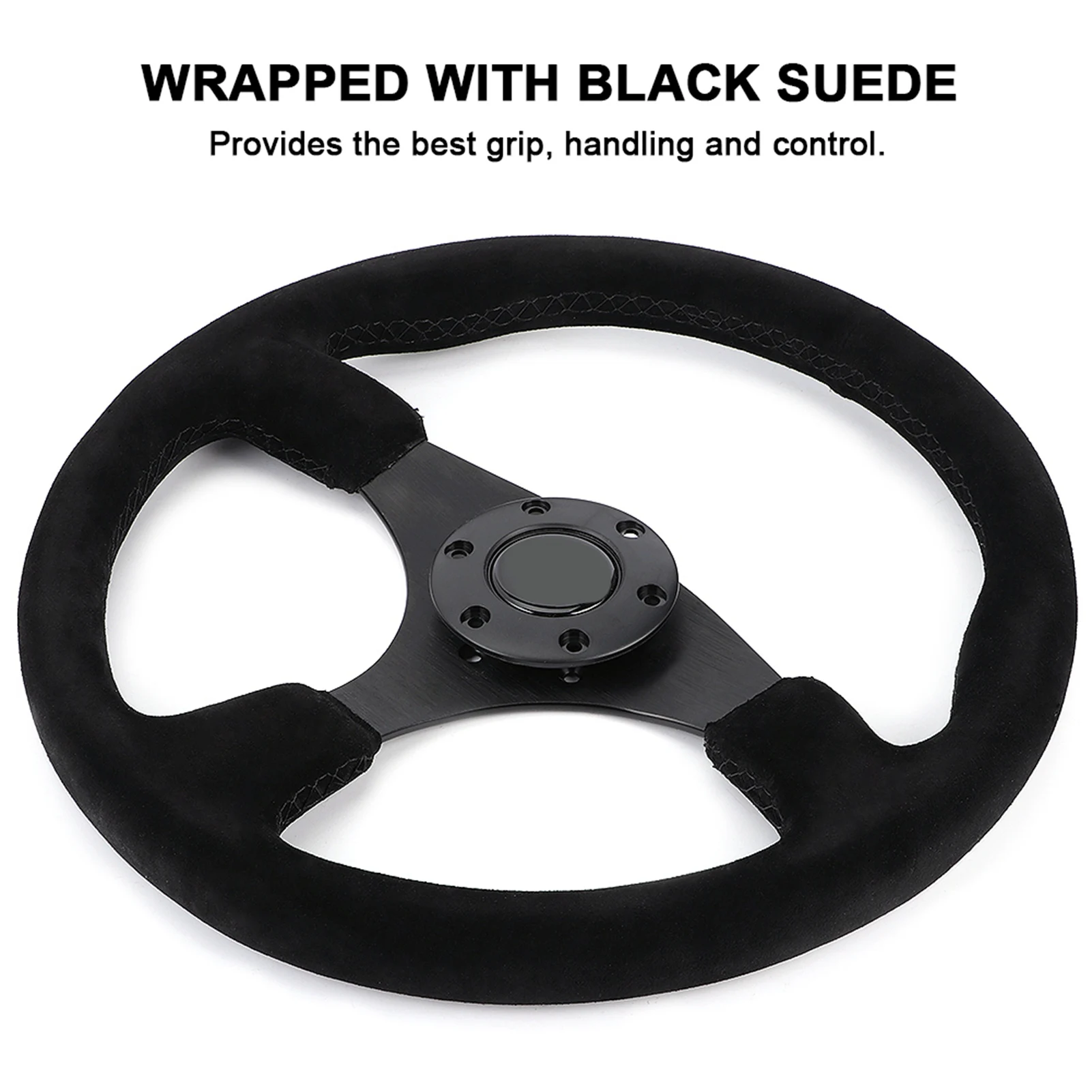

14in/350mm for Style 6‑Bolt Black Suede Racing Steering Wheel Black Stitching with Horn Button Car Modified Accessory