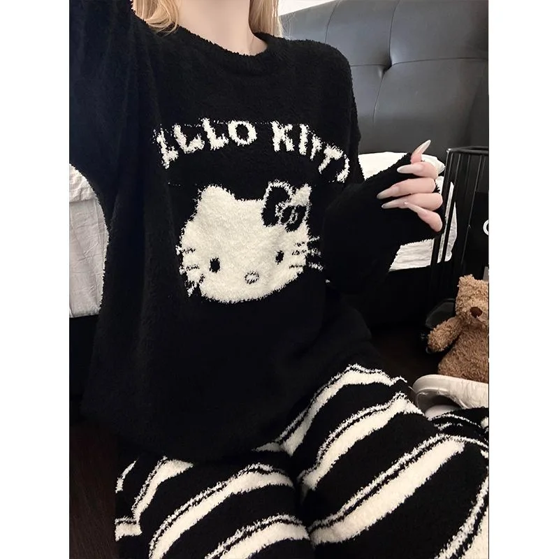 

Милый женский теплый плюшевый пижамный комплект Hello Kitty Usagi: осенне-зимняя утепленная домашняя одежда для девочек, топы и брюки с мультяшным принтом, ночная одежда