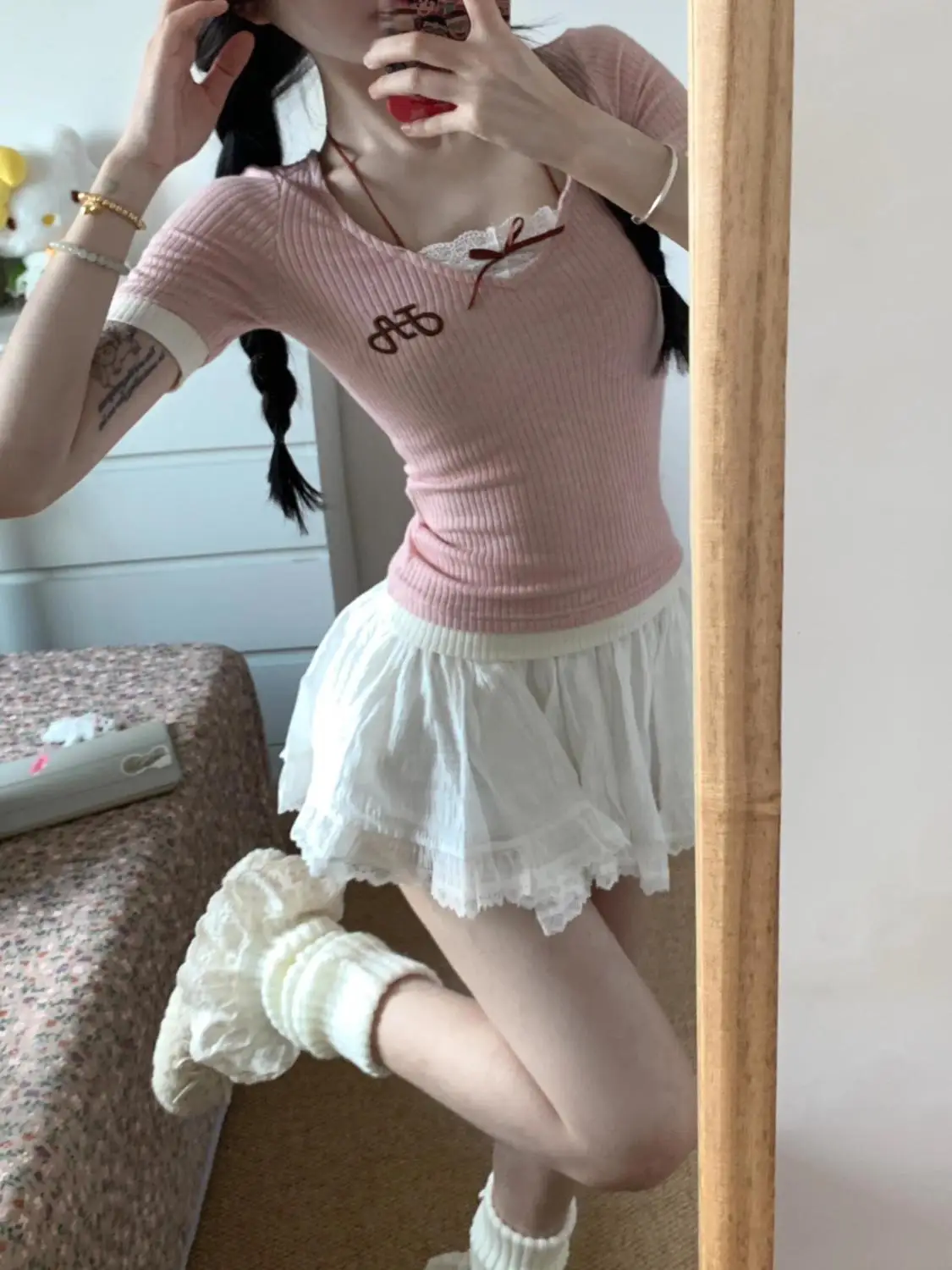 Top False Two-Piece Neck-Hanging Sexy Lace Cropped Knitted Women Sweet Girls Slim Wrap Short Sleeve T-Shirt 2024 Spring Summer