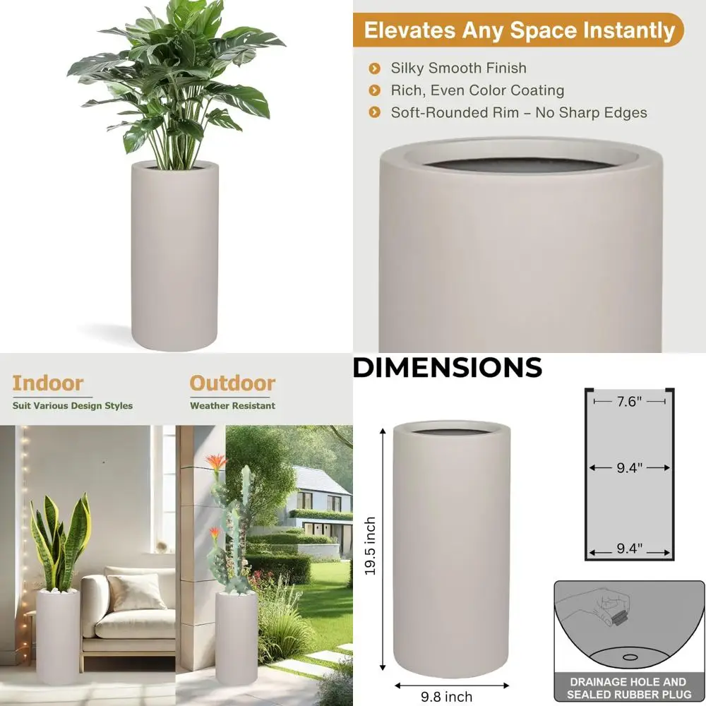

Weather-Resistant Tall Planter Cylinder, 19.5H x 9.8D, Drainage Hole, Smooth Finish, Suitable for Indoor and Outdoor Use