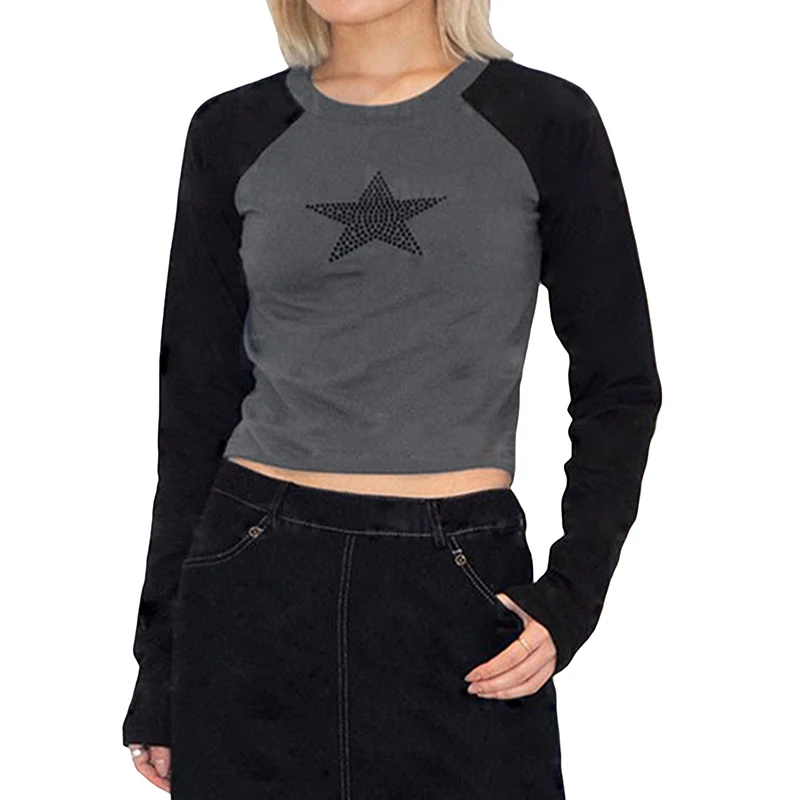 Color Matching Star Pattern Diamond Long Sleeve American Street Casual T-Shirt Pullover Round Neck Bottoming Shirt Joker Trend