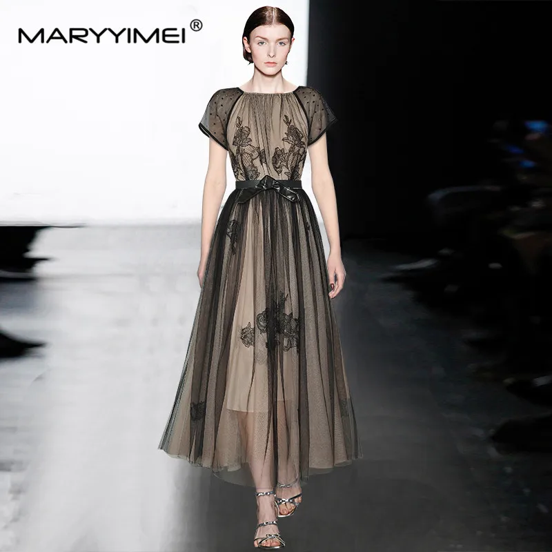 MARYYIMEI Nieuwe Mode Runway Designer Jurk vrouwen Mesh Borduren Lace-UP Hot Diamond Korte Mouwen Zwarte Jurken