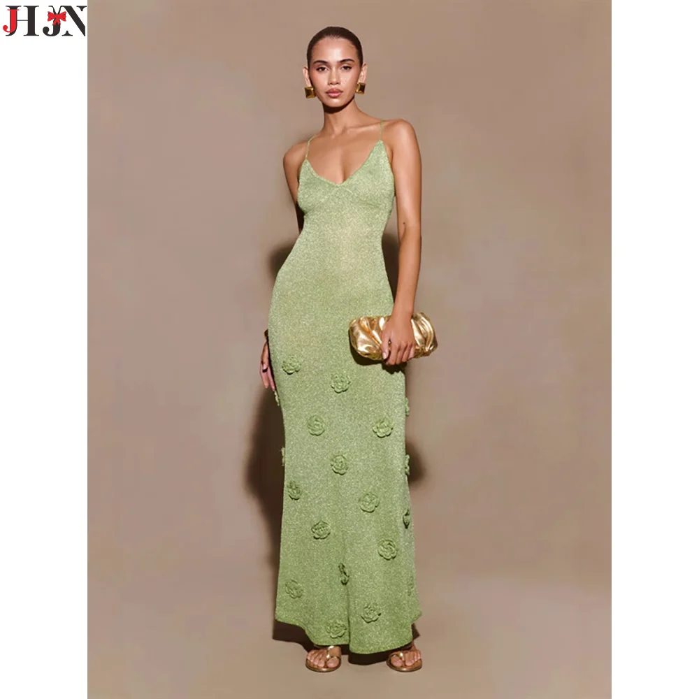 JHJN Blote rugband Bretels Strand Kust Gebreide bandjurk Gehaakte Flash Wire Elegante lange jurk Driedimensionale bloemen