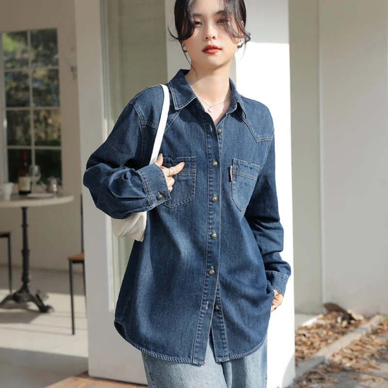 Gidyq Streetwear Women Denim Shirts Korean Fashion Female Loose Blouse Spring Casual All Match Metal Button Long Sleeve Shirts