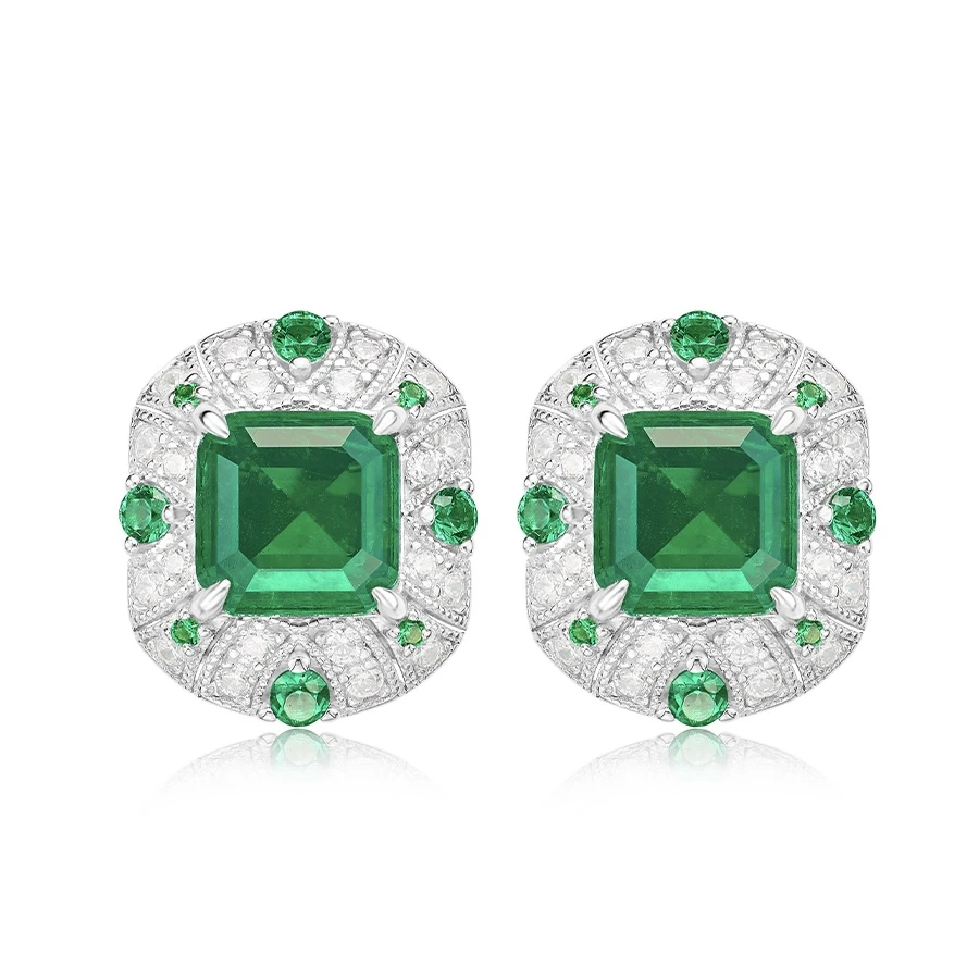 Cumee Classic Full Diamond Luxury Cultivated Synthetic Emerald Stud Earrings Women. Silver Gold-plated