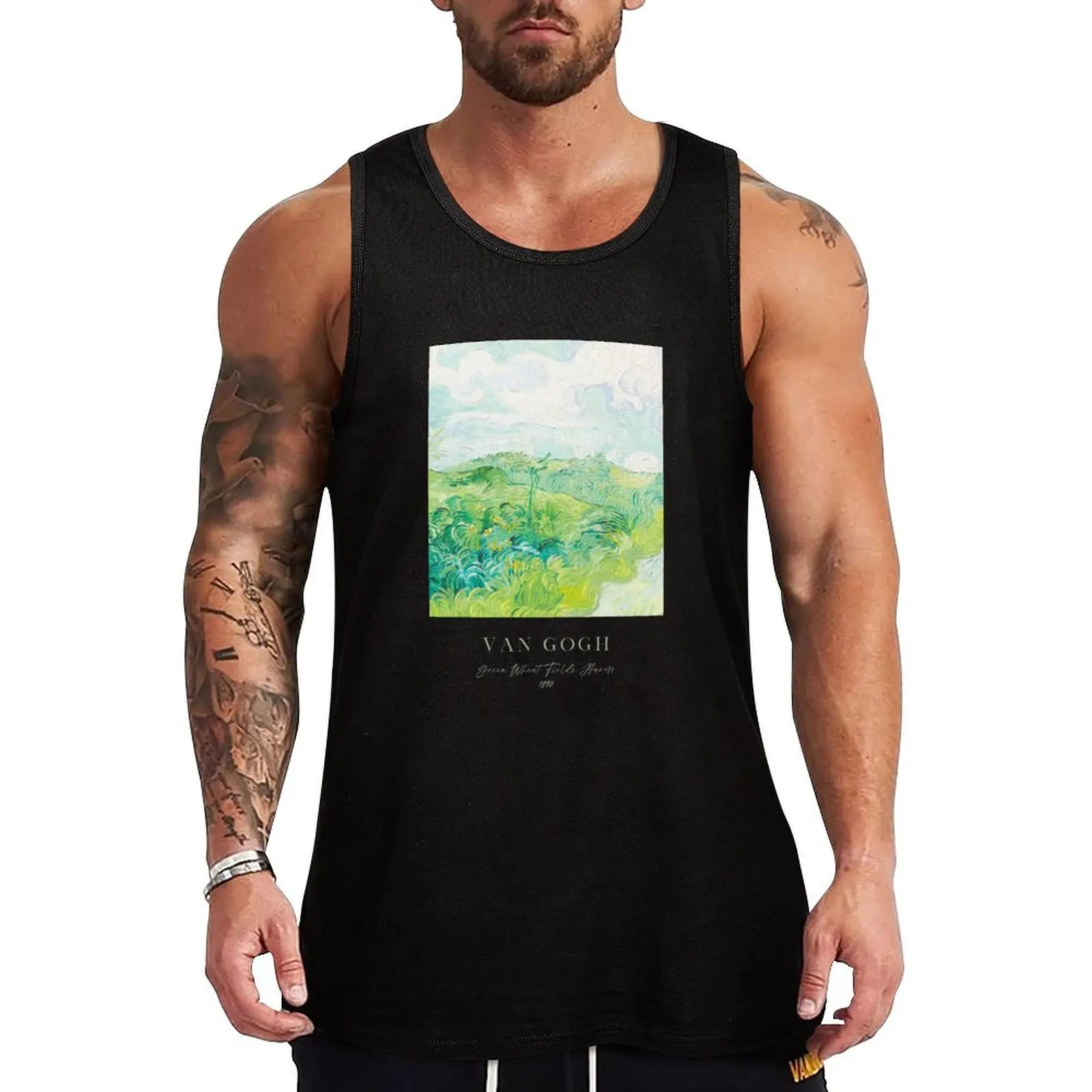 Green Wheat Fields, Auvers by Van Gogh, Sage Green Tank Top Sports shirt man Man clothes for gym