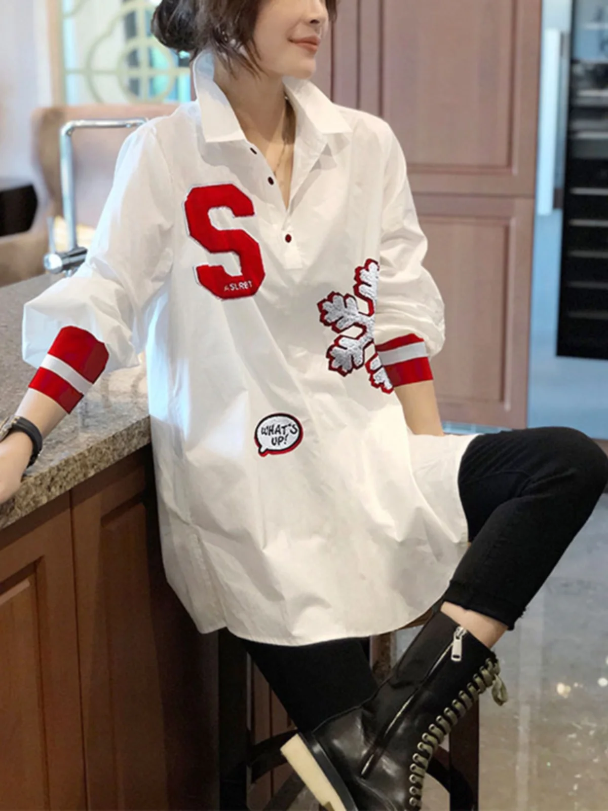 

Ele European Design Long Sve irt Women's Mid-Length Printed Towel Embroidery Anti-Aging Small irt Autumn Top