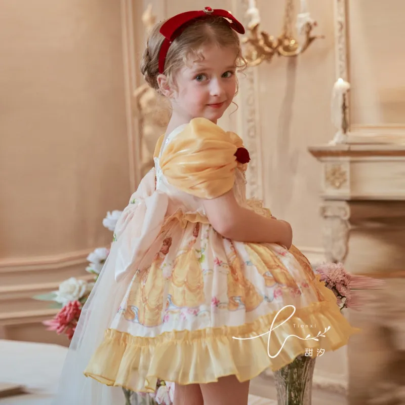 [Belle] Girls' Lolita Princess Dress Summer Children's Girl Treasure Shoulder Fluffy Birthday Party Dress Kids Boutique Clothes