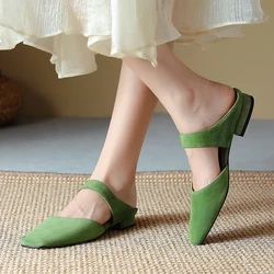 2024 New Summer Women Shoes Sheepskin Shoes for Women Simple Bow Women Slippers Low Heels Square Toe Slippers Mules Handmade