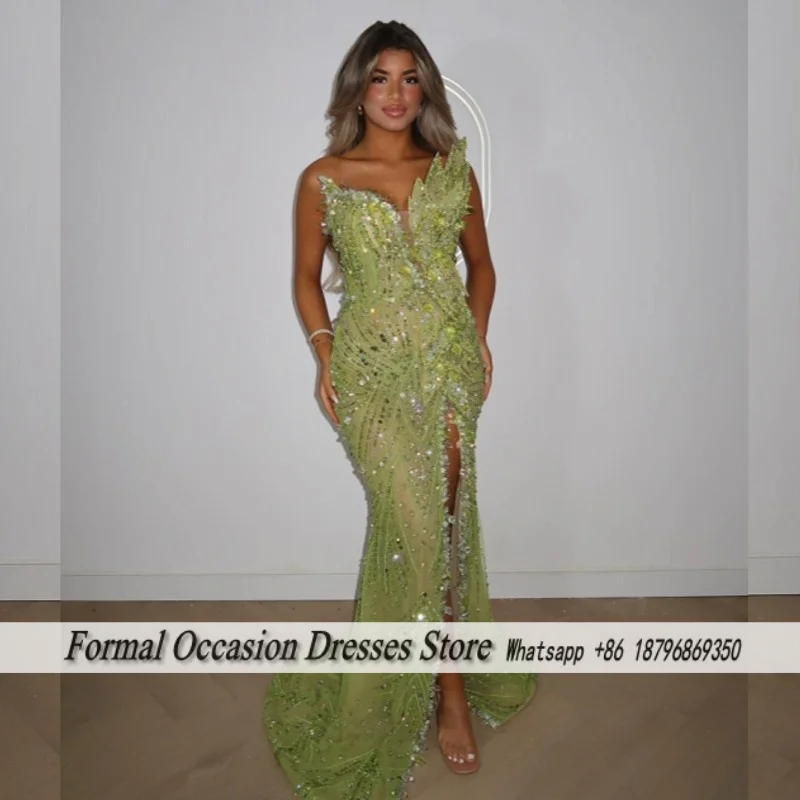 

Saga Green Sweetheart Evening Dresses Luxury Crystal Beaded High Split Prom Dress Customized Long Mermaid Wedding Party Gowns