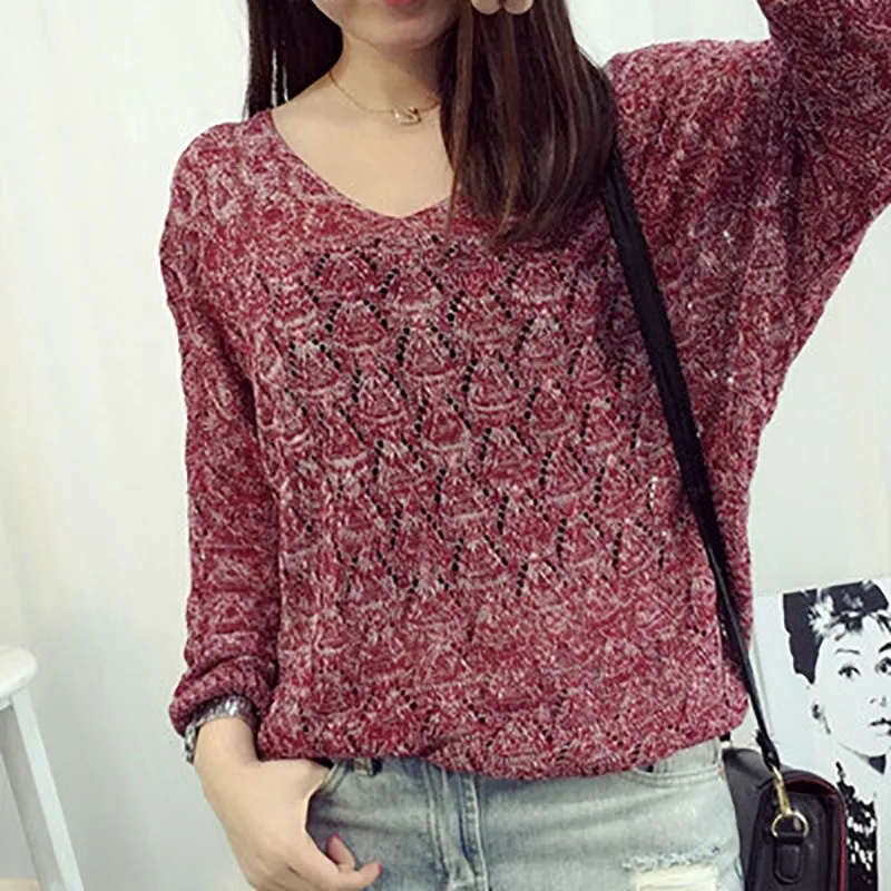 Spring Autumn Casual V-Neck Knitted T-shirt Fashion Hollow Out Female Clothing Long Sleeve Vintage Solid Color Loose Pullovers