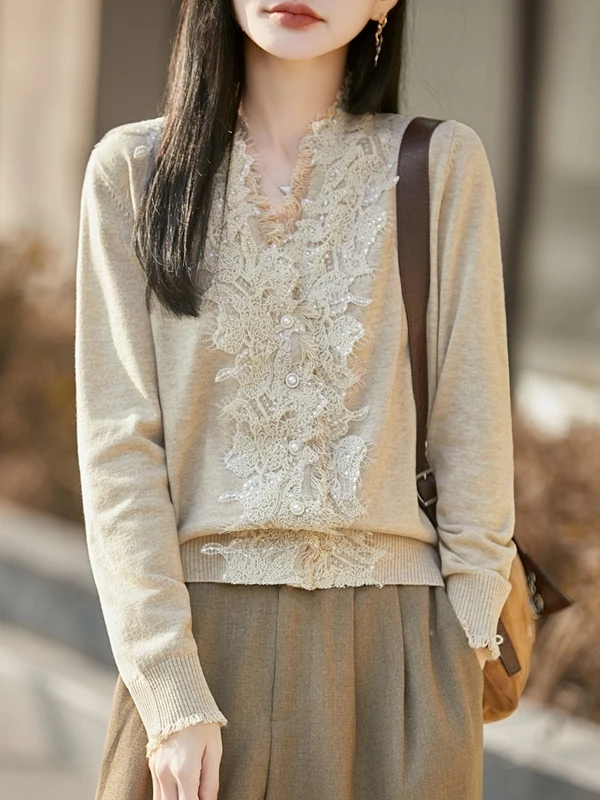 

Элегантный вязаный кардиган с V-образным вырезом и кружевными вставками, женский модный свитер свободного кроя, весна 2026
