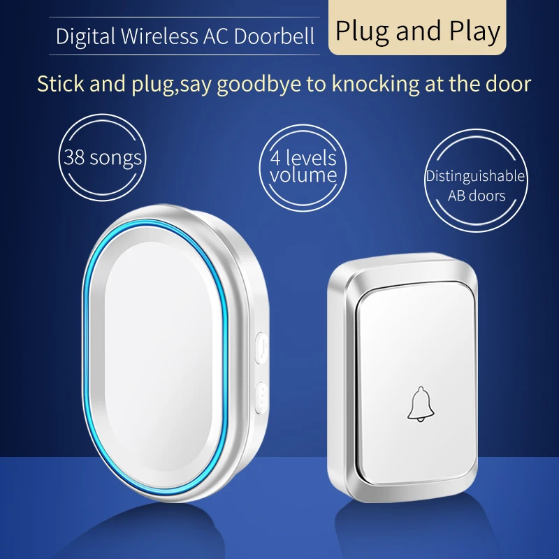 CACAZI Wireless Doorbell Outdoor Smart Home Security Welcome Chime Kit 38 Songs Door Bell Alarm LED Light Waterproof Button HOT