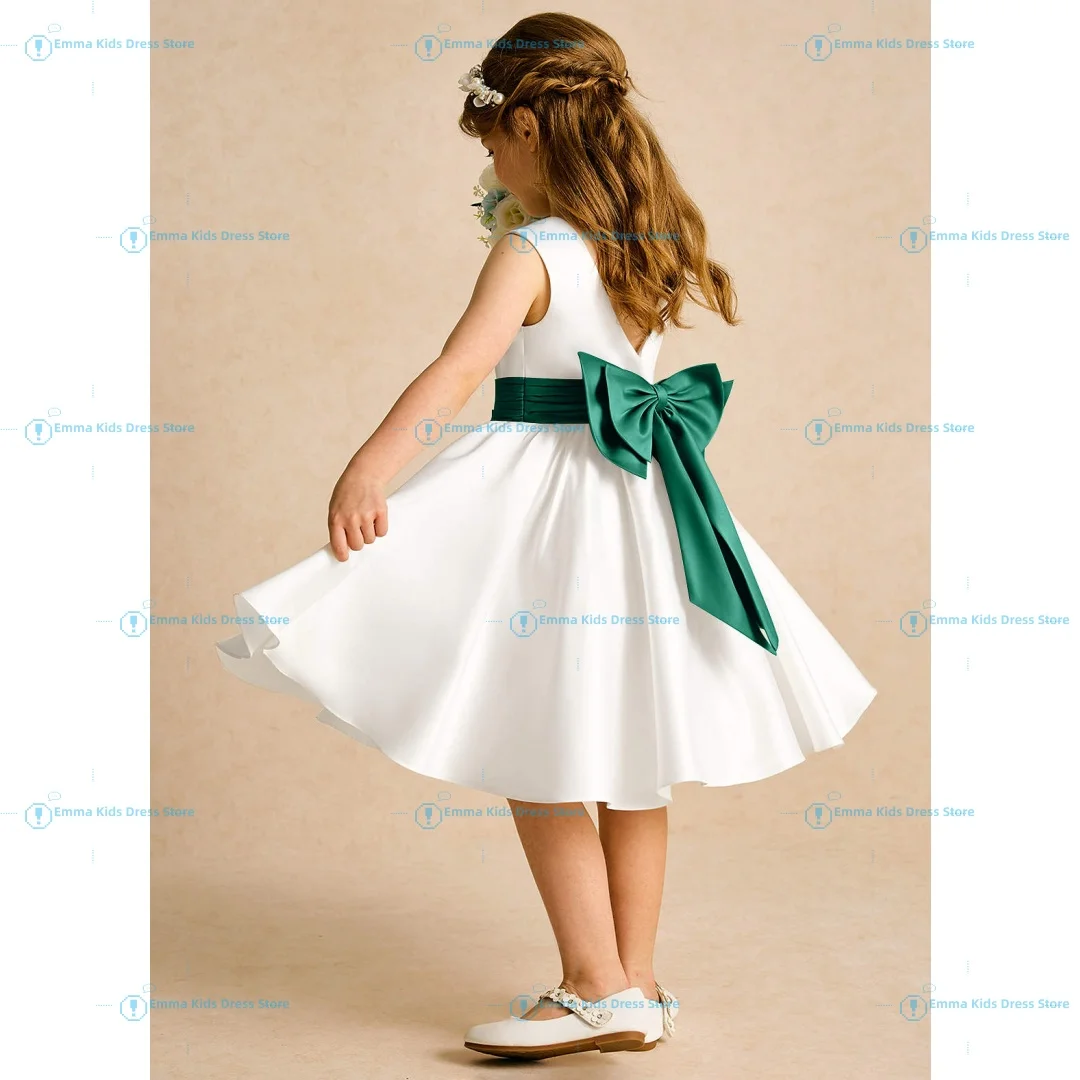 Custom Simple Flower Girl Dress Satin Bow Children's Girl A-line Pageant First   Bridesmaid Dress  Communion WeddingDress