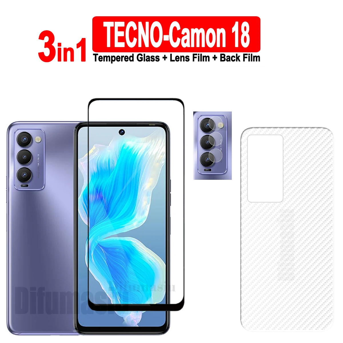 

For Tecno Camon 18 Tempered Glass Screen Protectors Soft Camera Lens Protector Full Cover Screen Glass 3in1 Back Film