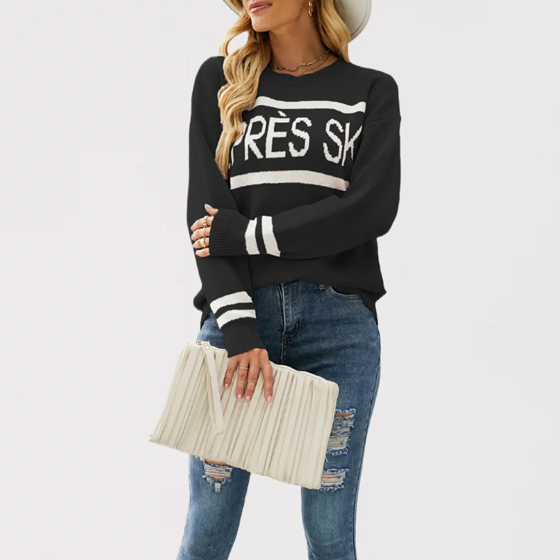 Suéter de punto de Color de hechizo informal de moda para mujer Otoño e Invierno nuevo suéter de retazos de Jacquard con monograma de cuello redondo,