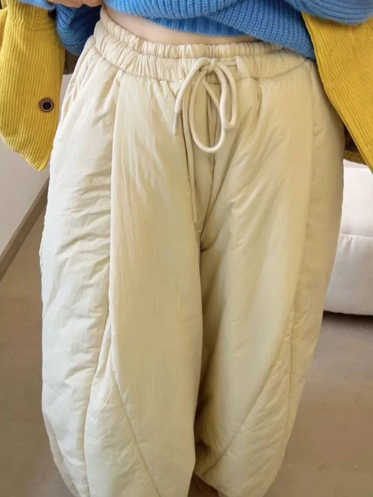 กางเกงขายาวทรงหลวมสไตล์ญี่ปุ่นสำหรับผู้หญิงไซส์ใหญ่ กางเกงบลูมเมอร์หนา อุ่น ใส่สบาย เอวสูง มีเชือกผูก เข้าได้กับทุกชุด ทรงตรง