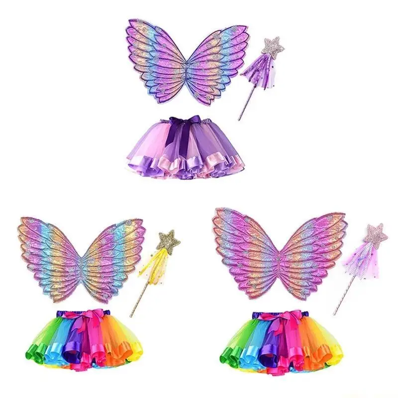 31BF 3pcs Princess Fairy Wing for Butterfly Tutu Wand Angel Costume Dress Up Role for