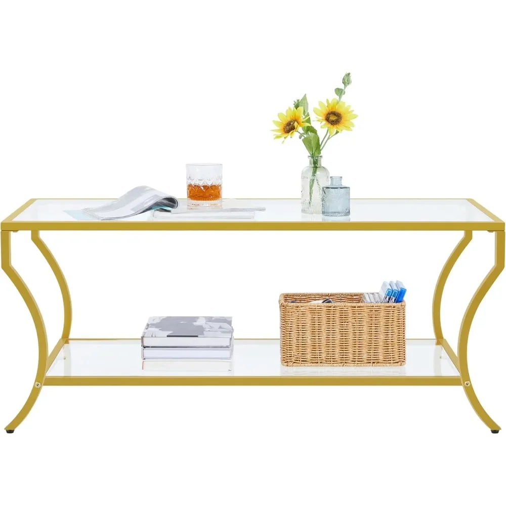 

Coffee Table, 2-Tier Rectangular Glass Coffee Table with Curved Frame, Modern Center Table for Living Room