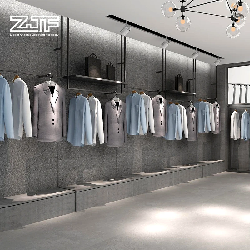 

Men's clothing store wall shelves, island racks, gantry racks, horizontal bars, side hung clothing store display racks