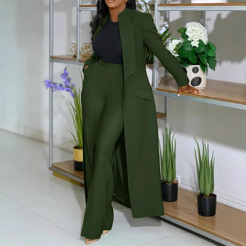 Vintage Elegant Formal Two Piece Set for Women Matching Sets Office Lady Business X-long Blazer Coat and Wide Leg Pant Suits