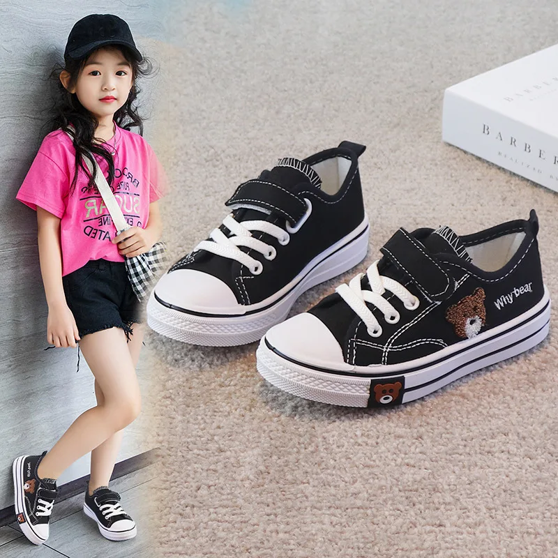 Kids Girls Canvas Shoes New Boys Board Shoes Cartoon Bear Children Cloth Shoes Little Girl Students Soft Bottom Casual Sneakers