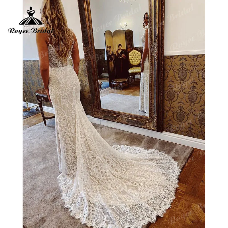 Spaghetti Straps Lace Mermaid Wedding Dresses Trumpet 2023 Vestido Bohemio Sexy Bridal Beach Wedding Gowns for Women Front Split