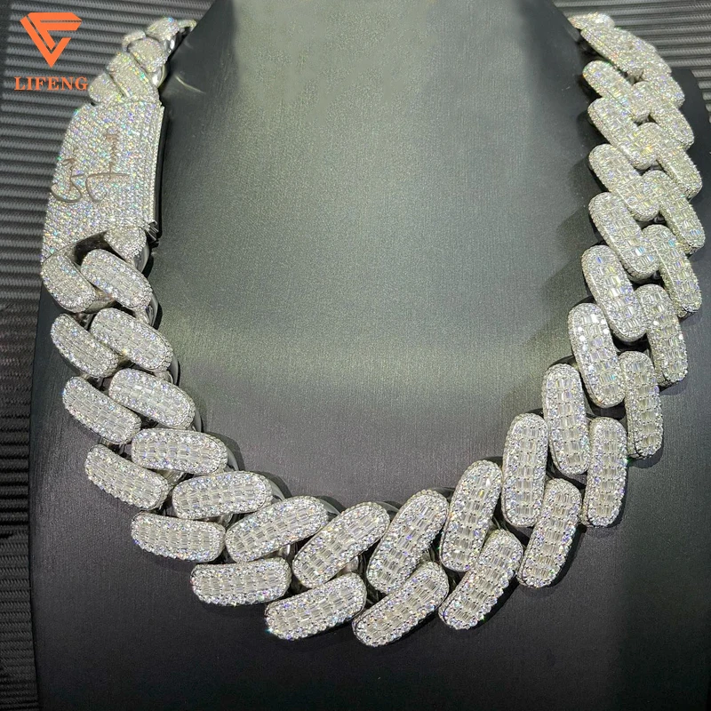 

Lifeng Jewelry 30mm Width VVS Moissanite Link Chain Baguette Diamond 925 Sterling Silver Cuban White Gold Necklace Custom Chain