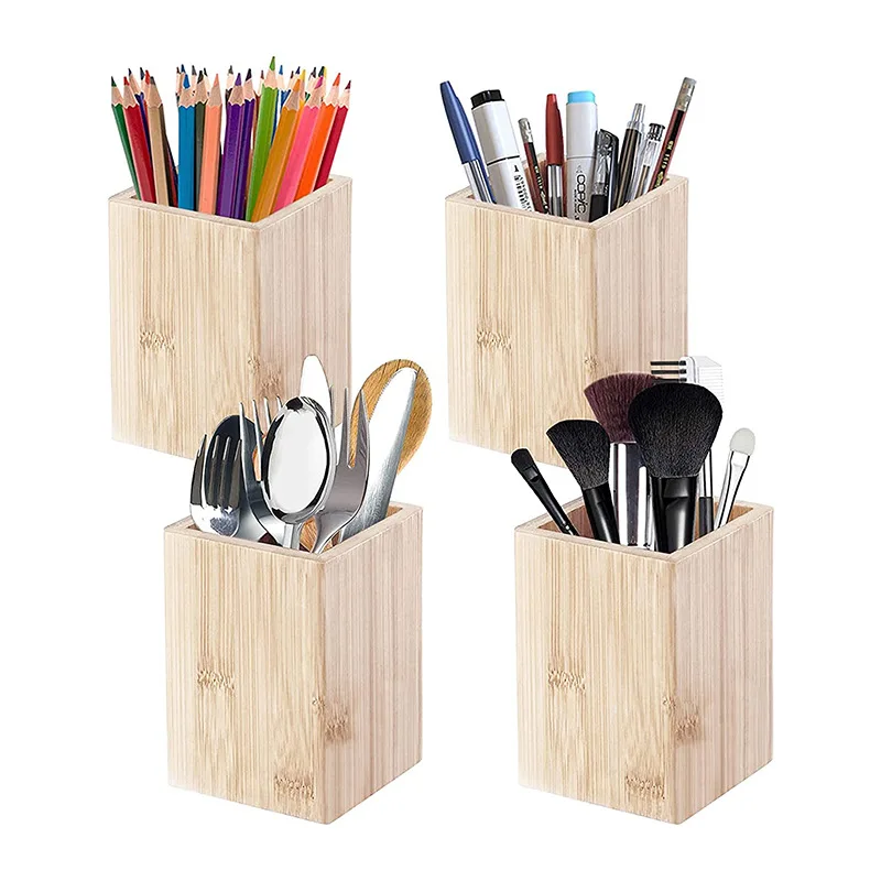 Wooden Pen Storage Box Pencil Pot DIY Office Organizer Desktop Pen Holder Makeup Brush Container Home Office Stationery Supplies