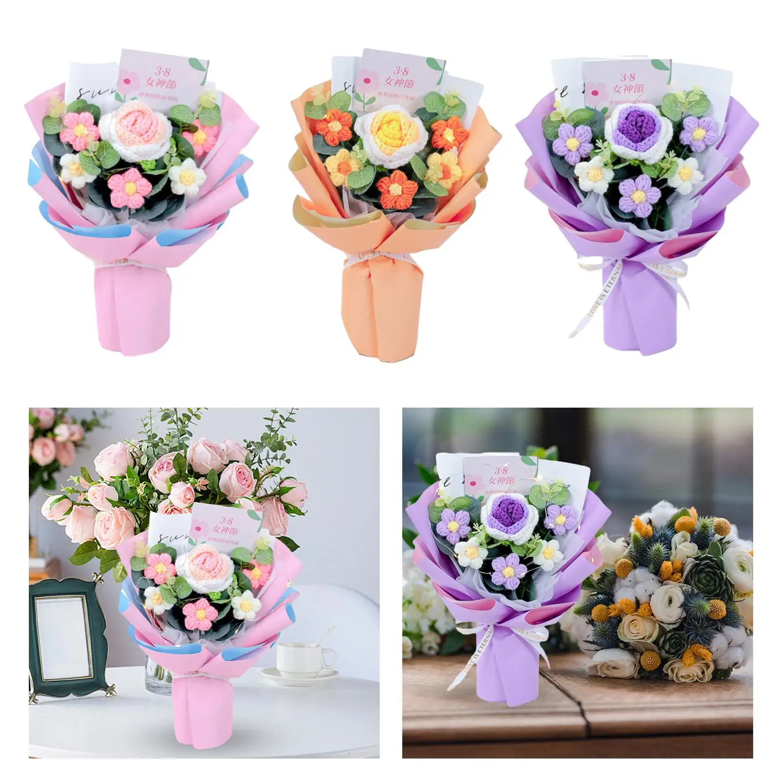 Handgemachte gestrickte Häkel strauß Wohnkultur, Strick blume Rosen strauß, Tisch