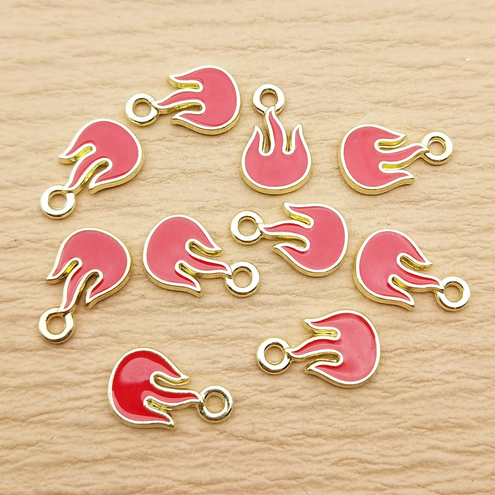 10pcs Flame Charm Jewelry Accessories Enamel Necklace Earring Pendant Diy Making Supplies Alloy Metal Gold Plated
