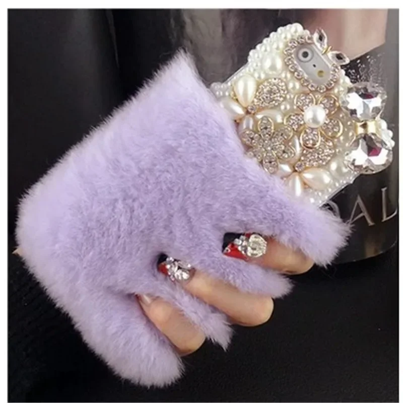 Luxury Bling Pearl Bowknot Flower Phone Case, Warm, Soft, Bear, Rabbit Fur,For iPhone 14, 13, 12, 15 Pro Max, XS, XR, 16 Plus