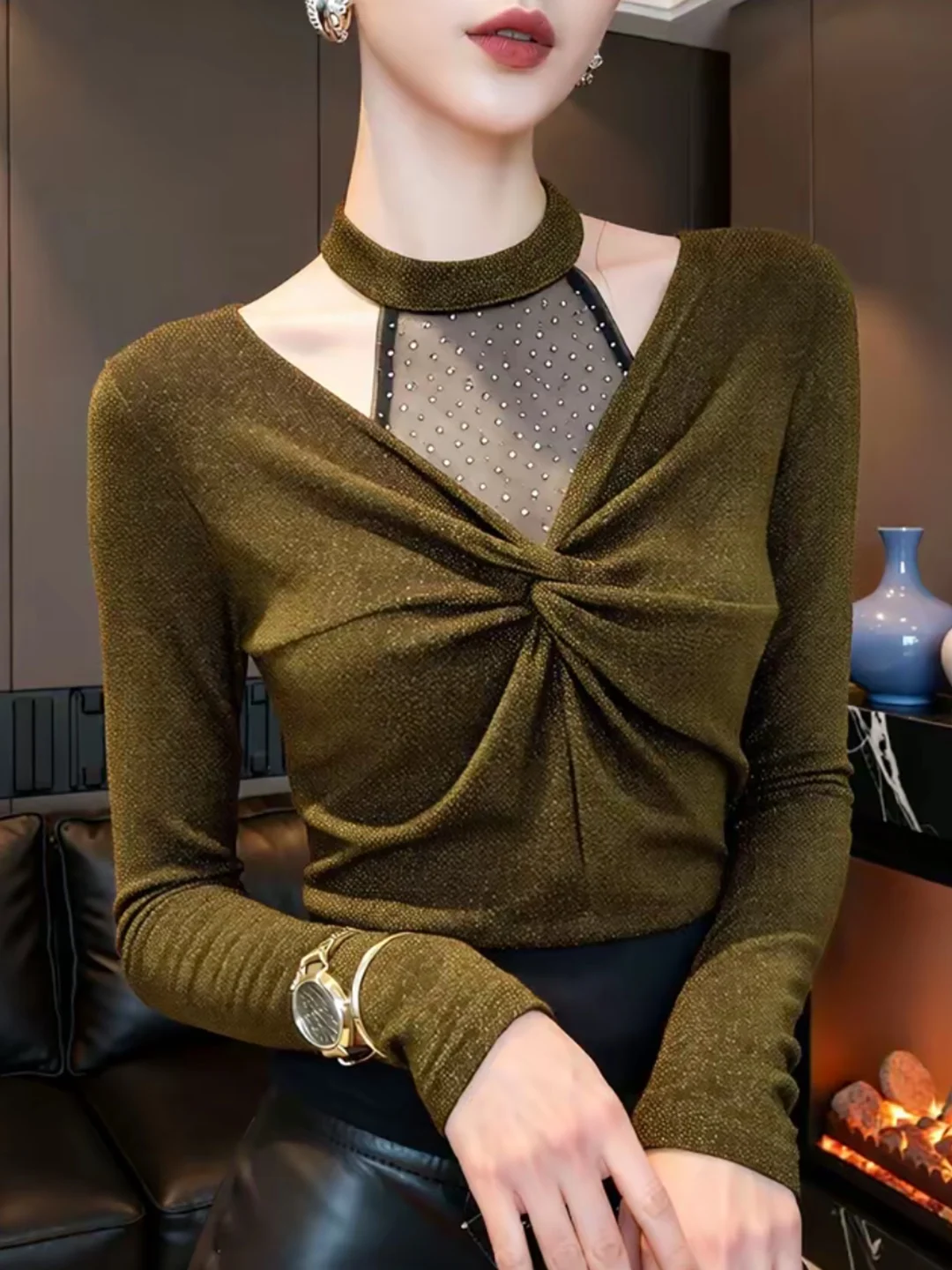 

Sexy Mesh Splice Long Sleeve T-Shirt Neck Knot Winter 2026 New Style Women's Fashion Slim Fit Top Breathable Comfortable Skin...