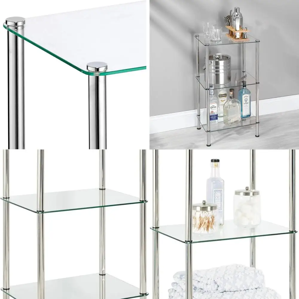 

3-Tier Chrome and Clear Glass Storage Tower - Slim Shelving Unit for Home, Office, and More
