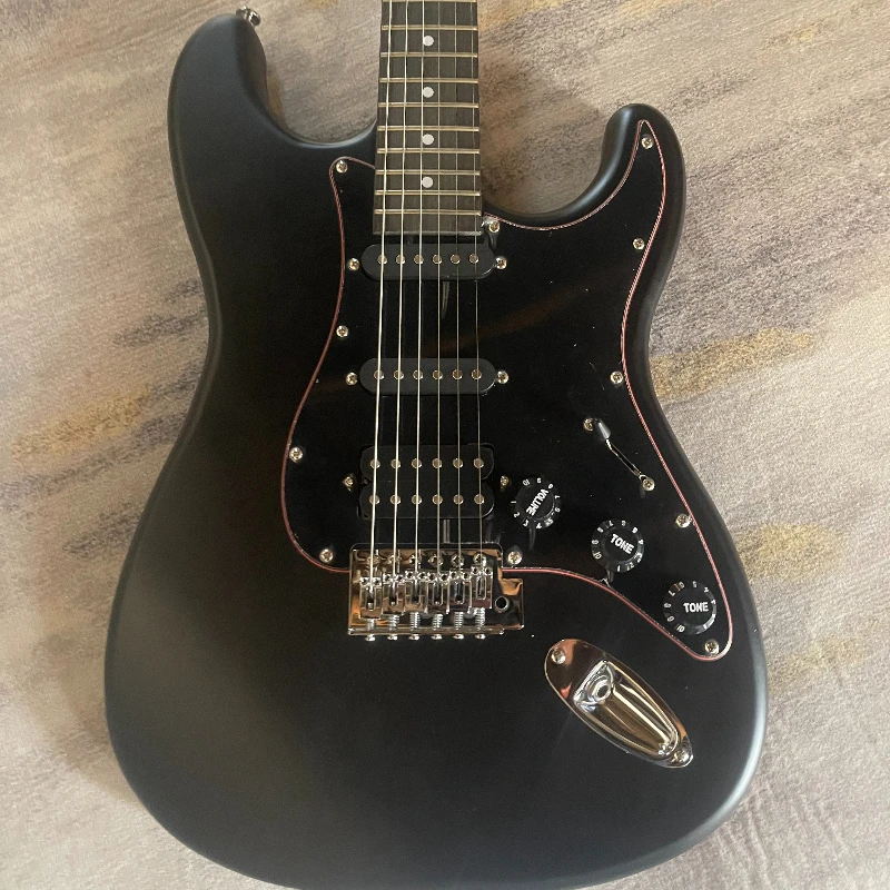 SSS Pickups Special Offer Matte Black Electric Guitar Red Edge Black Pickguard  Ebony  Vintage Tremolo System Guitar