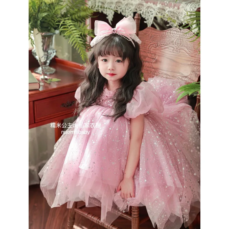 

Розовое пышное летнее платье принцессы со звездами, новое блестящее платье с цветочным узором для девочек на день рождения