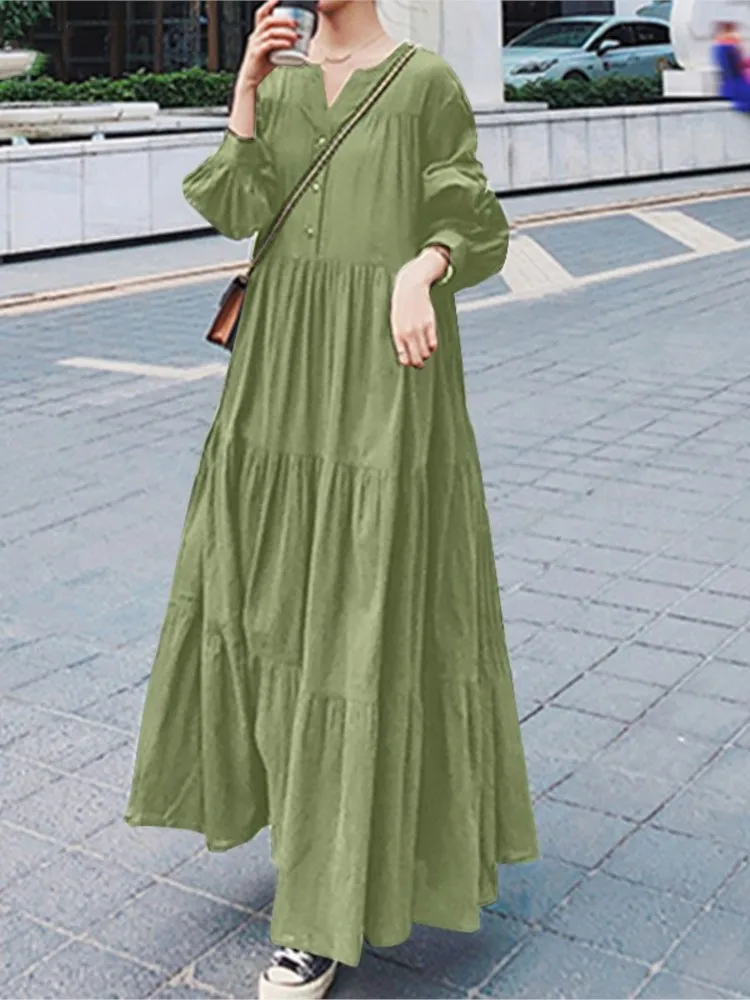 

Solid Color Casual Loose Ruffled Edge Robe For Woman Spring Fashion V-neck Button Long Sleeves Dress Autumn Lady Office Vestidos
