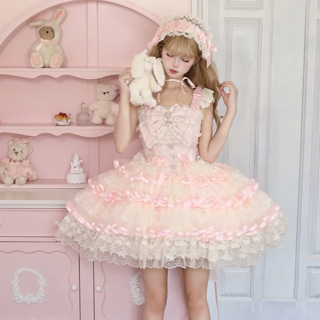 Robes de princesse de fête d'anniversaire, élégantes et douces, Style Ballet, col carré, sans manches, nœud en dentelle, jolie robe bouffante Lolita JSK pour femmes