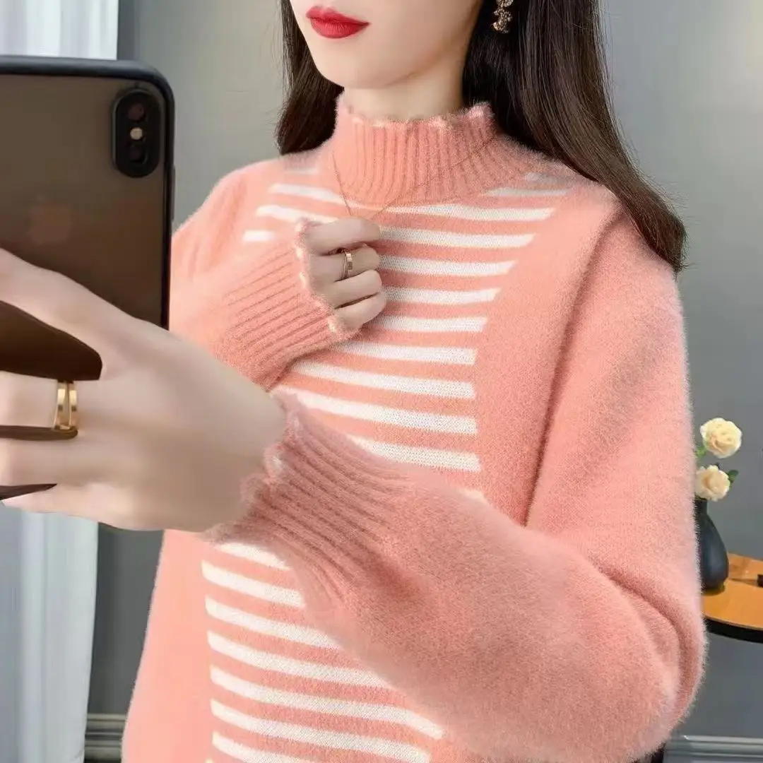 New Autumn Winter Mink Fur Knitted Women's Sweater 2024 High Neck Thick Fur Loose Commuting Warm Top