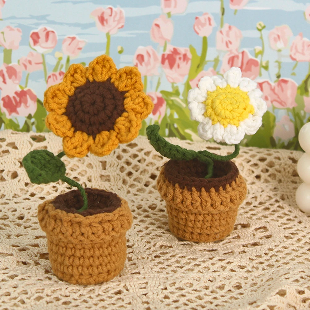 Mini Cute Style DIY Handwoven Simulation Pot Flower Planting Thread Crochet Knitted Finished Home And Garden Decorative Ornament