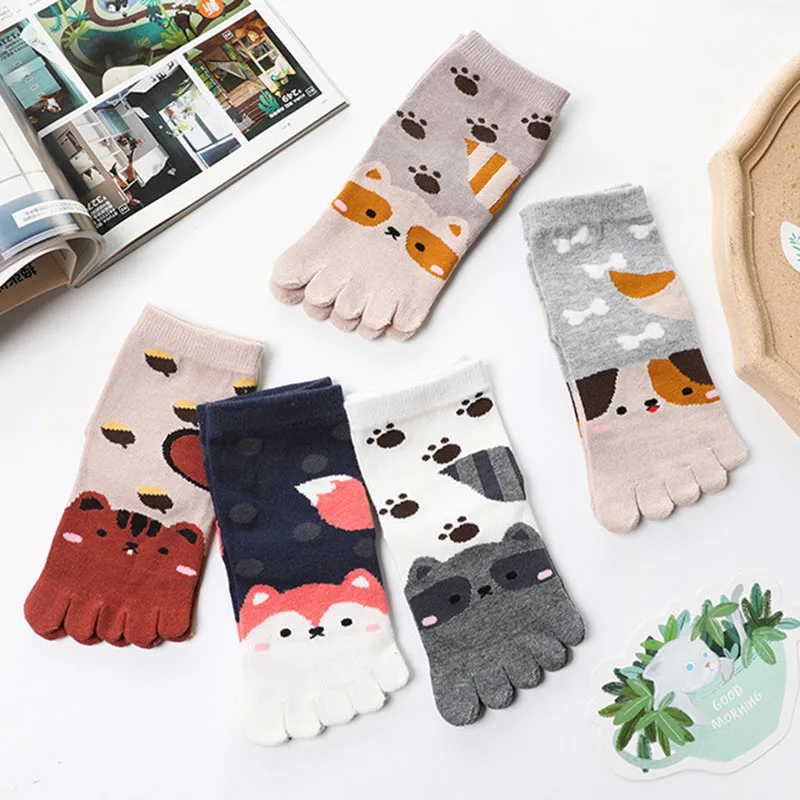 5 Pairs Children Split Toe Cartoon Socks Cute Animal Socks Kids Boys Girls Combed Cotton Five Finger Sock for 3-7-12Y Baby Gift