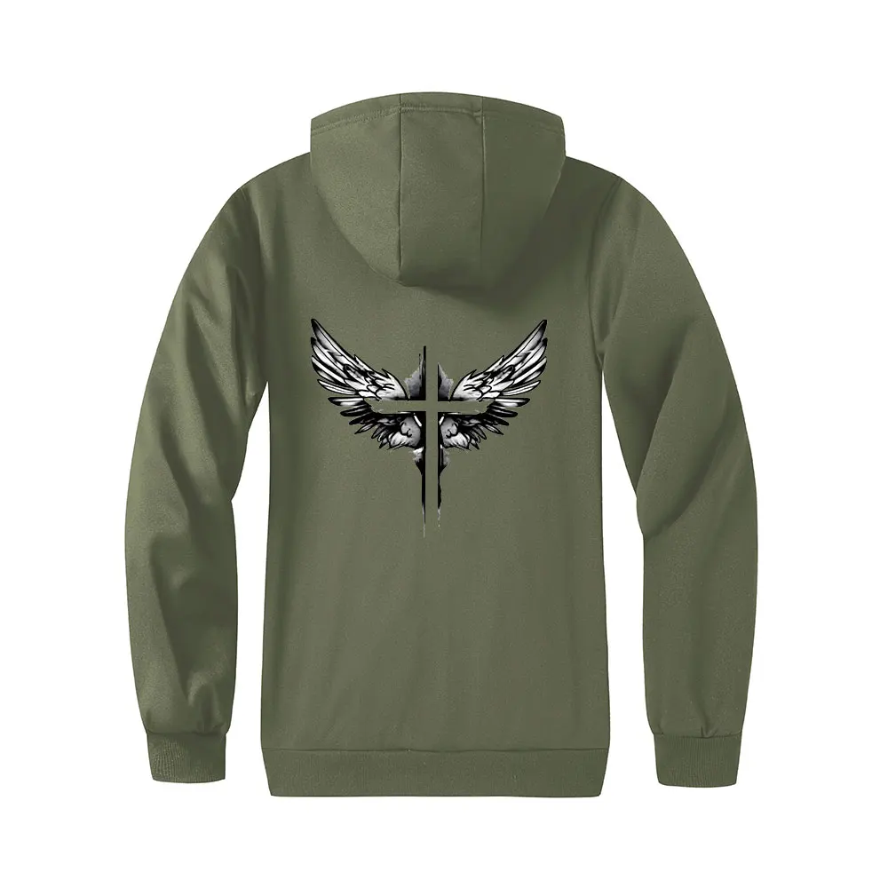 เสื้อแจ็คเก็ตมีฮู้ดผ้าขนแกะสำหรับผู้ชาย พิมพ์ลายปีกกางเขน ซิปแบบคาร์ดิแกน มีกระเป๋าหน้าแบบหนา เสื้อแจ็คเก็ตอุ่นๆ สำหรับใส่เป็นเสื้อนอก