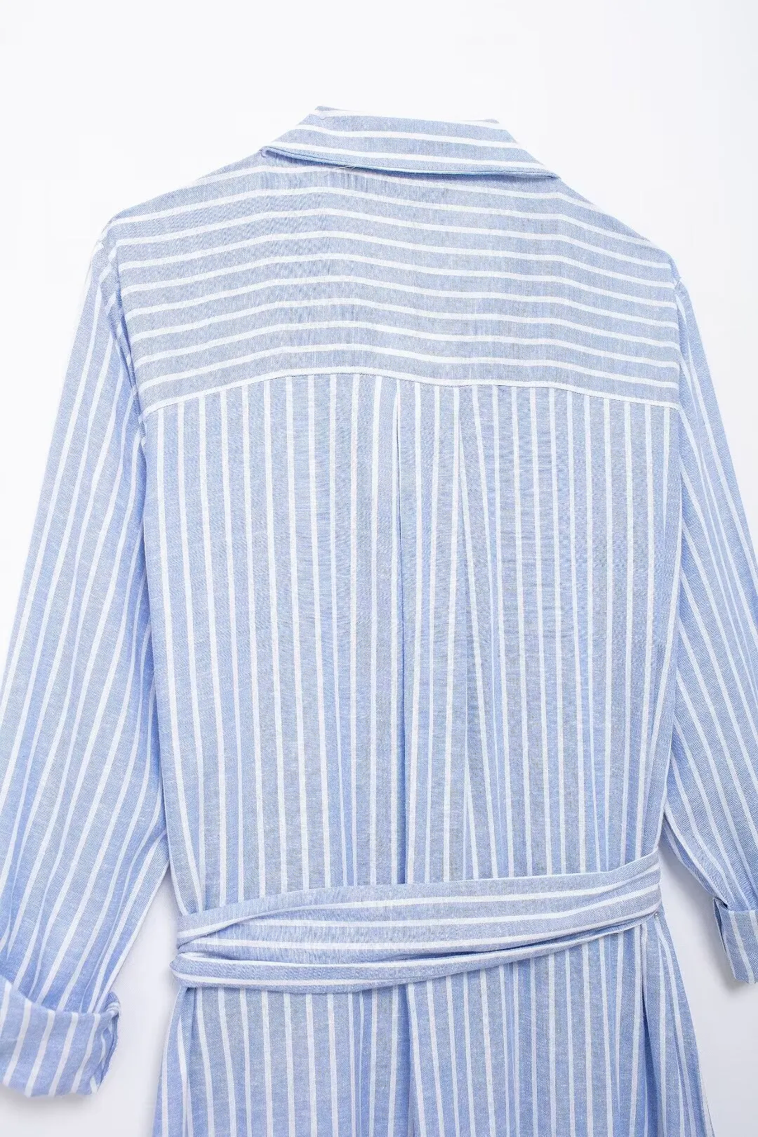 Tangada 2024 Women Blue Striped Print Dress With Belt Female Long Sleeve Shirt Dress 3H0453