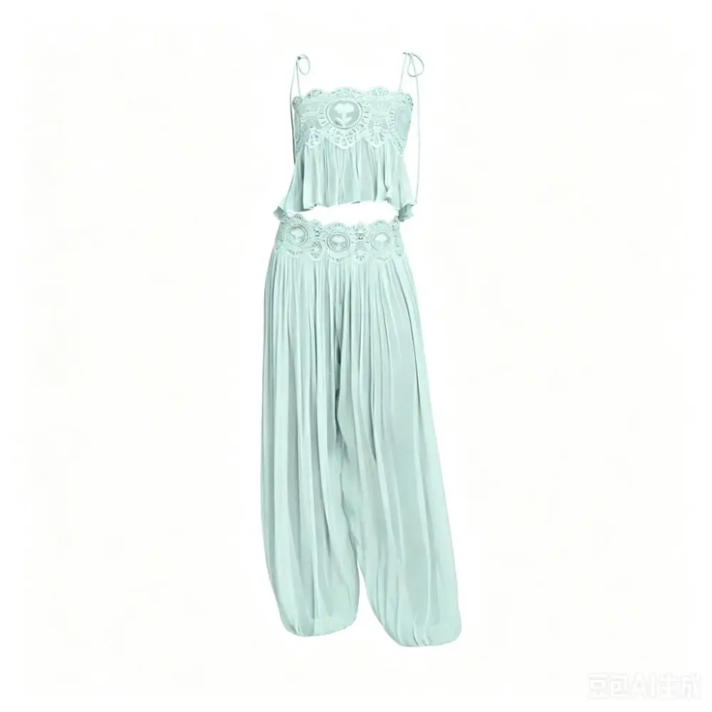 See Through Camisole Pants Sets Wide Leg High Waist Pleated Lantern Pant Lace Trim Detail Square Neck Lace Pant Set