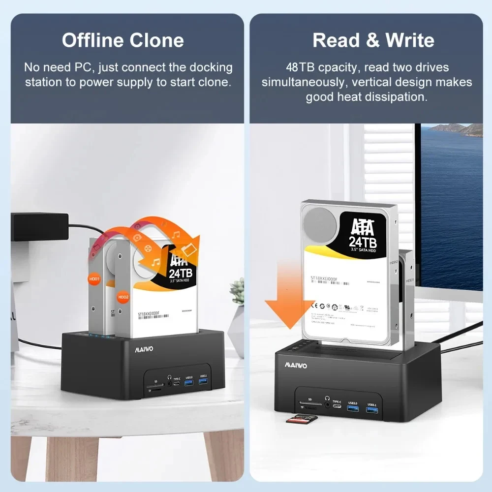 MAIWO Estación de acoplamiento de disco duro USB 3,0 de doble bahía con lector de tarjetas HUB USB para carcasa de clon sin conexión SATA SSD/HDD de 2,5/3,5"