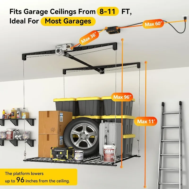 Motorized Overhead Garage Storage Rack with Remote Control, 4x4 FT Garage Ceiling Storage Racks, Heavy-Duty Lift