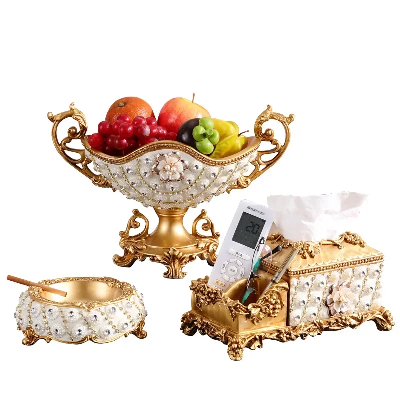 European Palace Luxury Diamond Resin Fruit Plate Figurines Crafts Home Livingroom Ashtray Storage Box Table Ornament Decoration